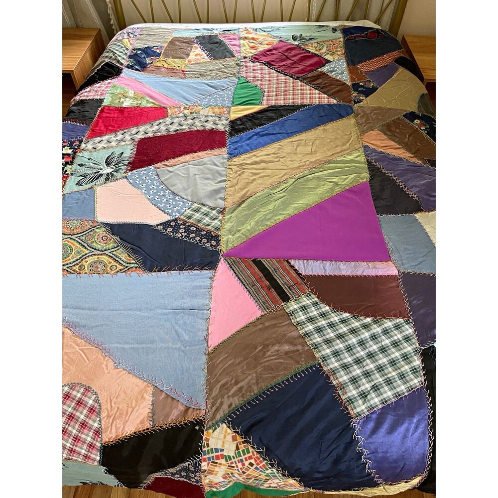 Handmade Crazy Patchwork Quilt, Multicolor Fabric, Full Size, Blue Striped Back